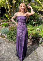 Vintage Strapless Purple Chiffon Satin Beaded Long Birthday Prom Dress Evening Gown