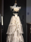 Chic Ball Gown Square Neckline Floral Ivory Lace Party Dresses Birthday Outfits With Black Bowknots