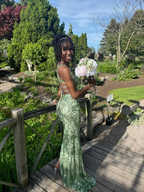 Trendy Spaghetti Straps Green Sequin Mermaid Slit Evening Dress Formal Wedding Guest Dress SP735