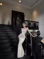 Classy Off The Shoulder Creamy Apricot Satin Tulle Pleated Mermaid Long Wedding Guest Dress Sexy Evening Dress SP2023