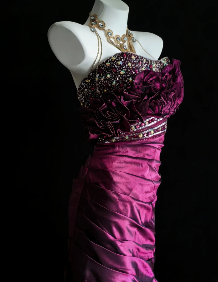 Charming Strapless Purple Satin Pleated Ruffles Mermaid Long Party Dress Evening Dress SP1638