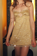Sparkly Spaghetti Straps Gold Sequin Short Cocktail Dress Formal Short 6th Grade Homecoming Dress Y9244