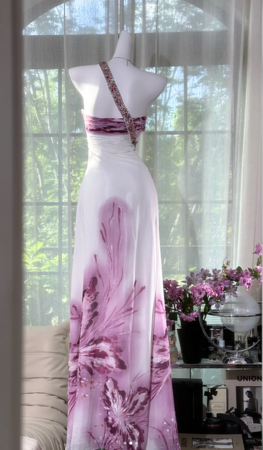 Pretty One Shoulder Beaded White Chiffon Lilac Floral Mermaid Evening Dress Long Party Gowns