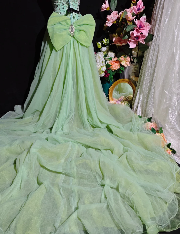 Unique Green Strapless Satin Tulle Beaded Long Birthday Party Dress Prom Gown