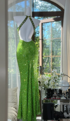 Sparkly Green Halter V Neck Sequin Beaded Mermaid Prom Dress Backless Long Evening Gown