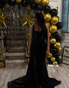 Gorgeous Black Lace Beaded Mermaid Slit Evening Dress Prom Gown
