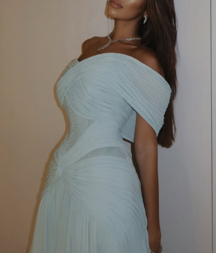 Elegant Off The Shoulder Blue Sequin Chiffon Pleated Mermaid Long Party Gown Evening Dress