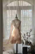 Champagne pink beaded bodice, fitted waist, tiered skirt, short ball gown R7687