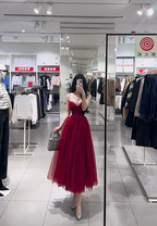 Deep red spaghetti strap waist-cinching elegant long prom dress R7918