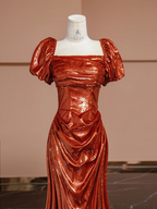Orange-red square neckline fitted waist long ball gown, bridal dress R8311