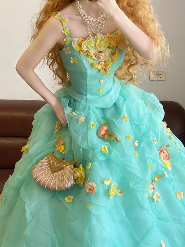 Light Green Spaghetti Strap Waist-Cinched Puff-Skirt Ball Gown & Bridal Gown R7373
