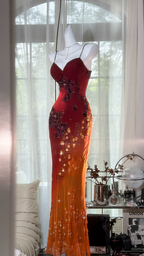 Red gradient halter-neck fitted long ball gown, sexy and sexy R7646