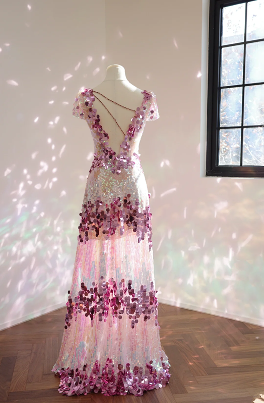 Pinkish-purple V-neck sequined fitted long ball gown, bridal dress R8554