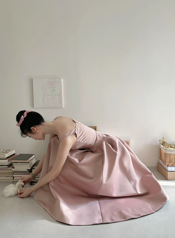 Champagne pink spaghetti strap, waist‑cinching, slim‑fit A‑line long elegant ball gown R7997
