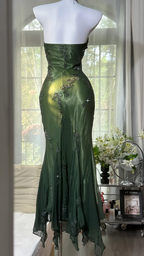Dark green halter neck fitted waist bodycon long ball gown R7607