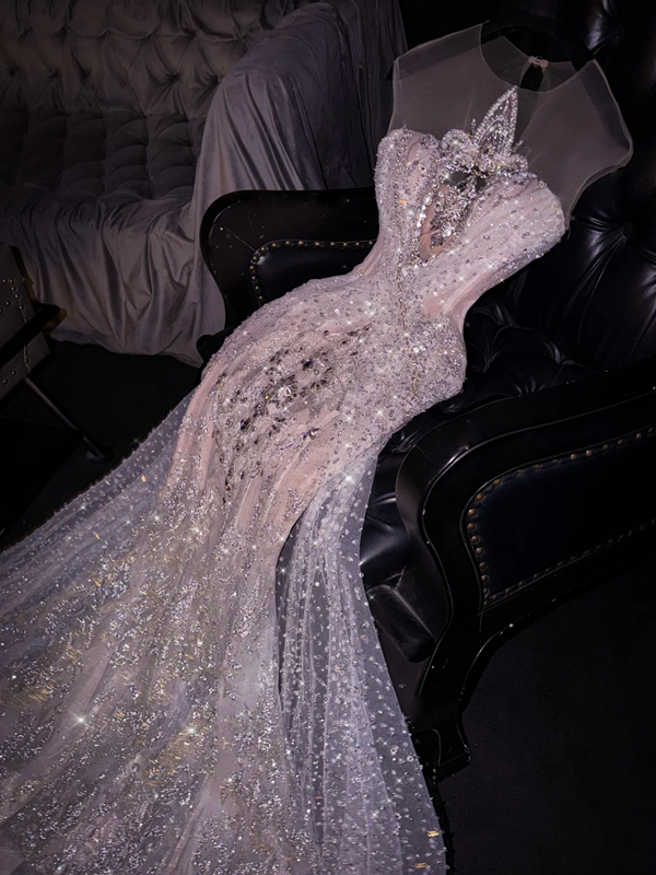 Silver sequined sleeveless fitted waist bodycon mermaid skirt long ball gown/bridal dress R8709