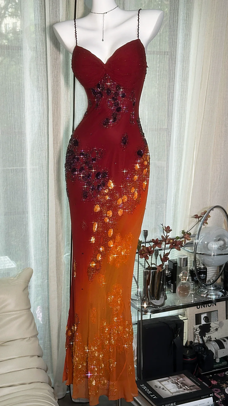 Red gradient halter-neck fitted long ball gown, sexy and sexy R7646