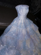 Light blue strapless, fitted waist, full skirt, long ball gown, bridal dress R8768
