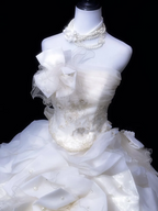 White strapless, fitted waist, full skirt, long ball gown R8679