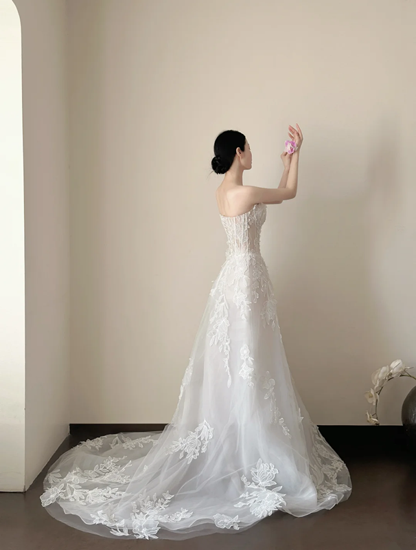 White strapless appliqué waist-cinched slim-fit long elegant prom dress, wedding dress R7958