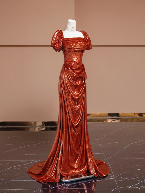 Orange-red square neckline fitted waist long ball gown, bridal dress R8311