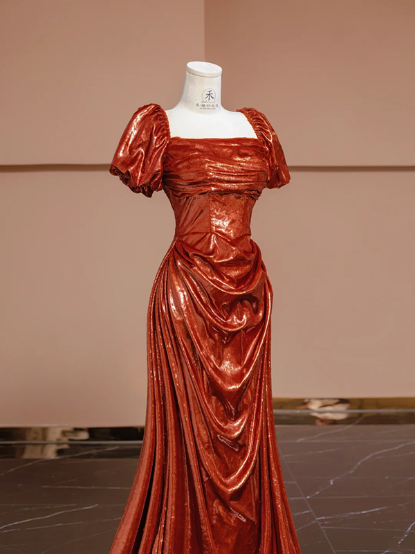 Orange-red square neckline fitted waist long ball gown, bridal dress R8311