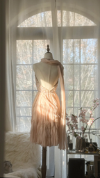 Champagne pink beaded bodice, fitted waist, tiered skirt, short ball gown R7687