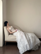White strapless appliqué waist-cinched slim-fit long elegant prom dress, wedding dress R7958