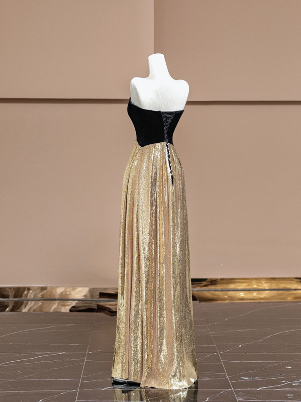 Black strapless, fitted waist, long ball gown with gold trim R8373