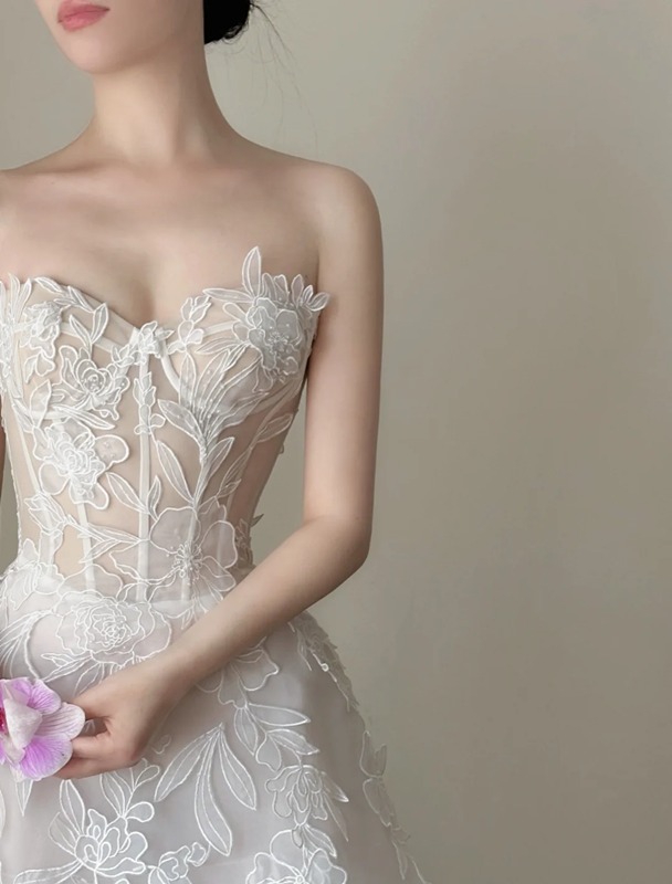 White strapless appliqué waist-cinched slim-fit long elegant prom dress, wedding dress R7958