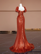 Orange-red square neckline fitted waist long ball gown, bridal dress R8311