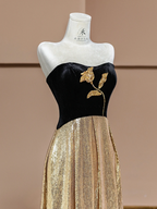 Black strapless, fitted waist, long ball gown with gold trim R8373