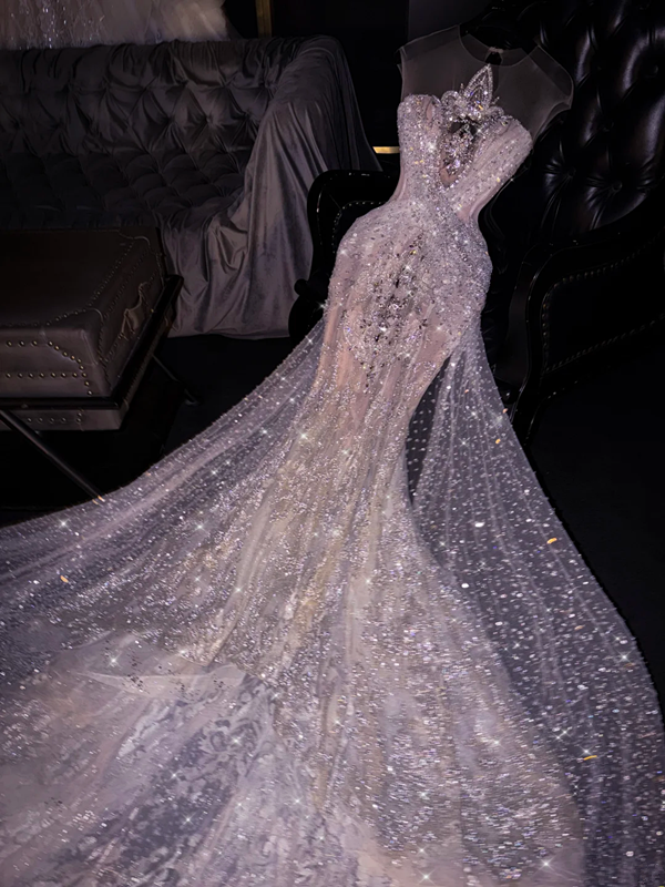 Silver sequined sleeveless fitted waist bodycon mermaid skirt long ball gown/bridal dress R8709
