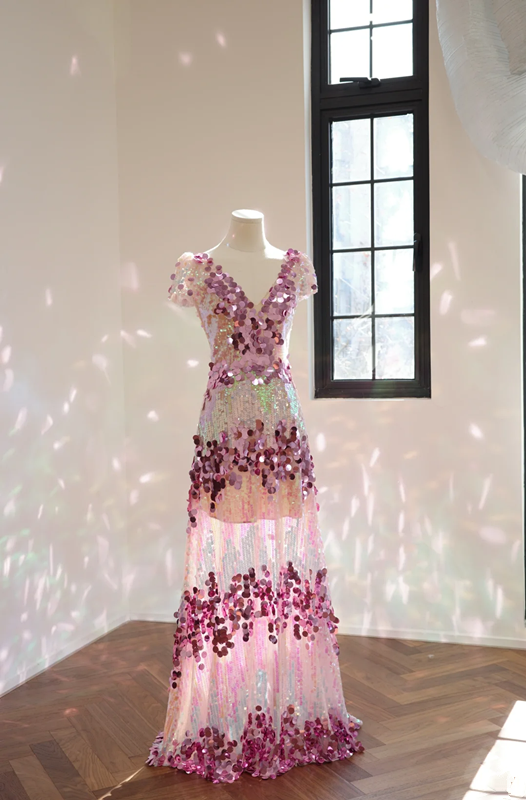 Pinkish-purple V-neck sequined fitted long ball gown, bridal dress R8554