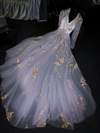 Light gray-blue halter-neck fitted long ball gown with a full skirt R8738