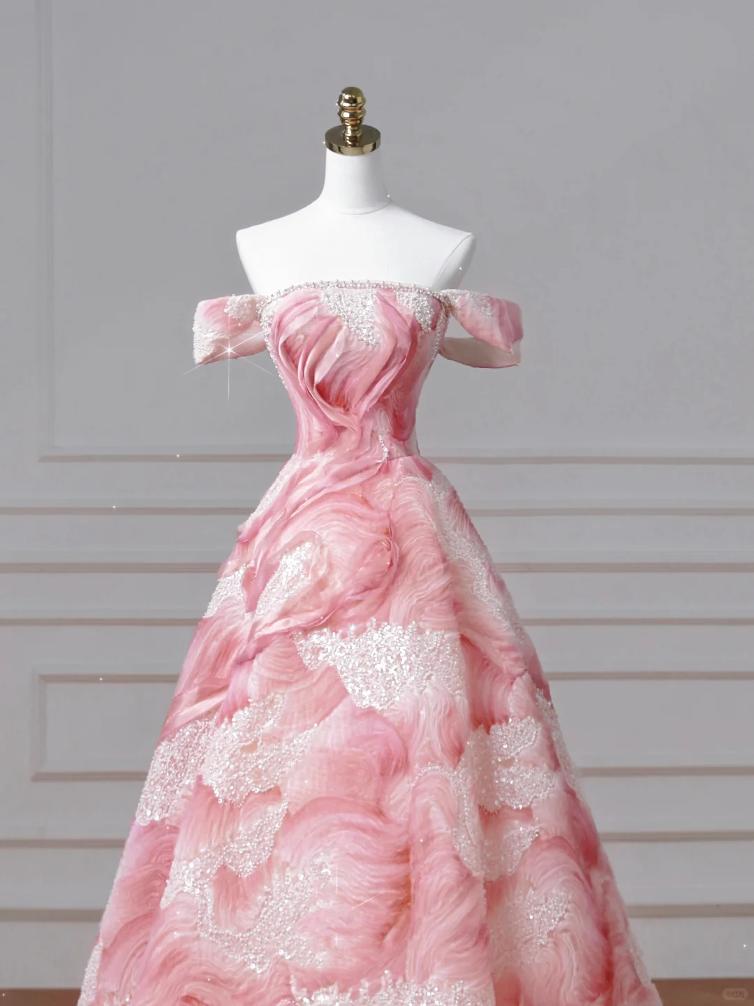 Dream Pink Strapless Satin Print Sequins Prom Dress,Princess Birthday Ball Gown Y8604