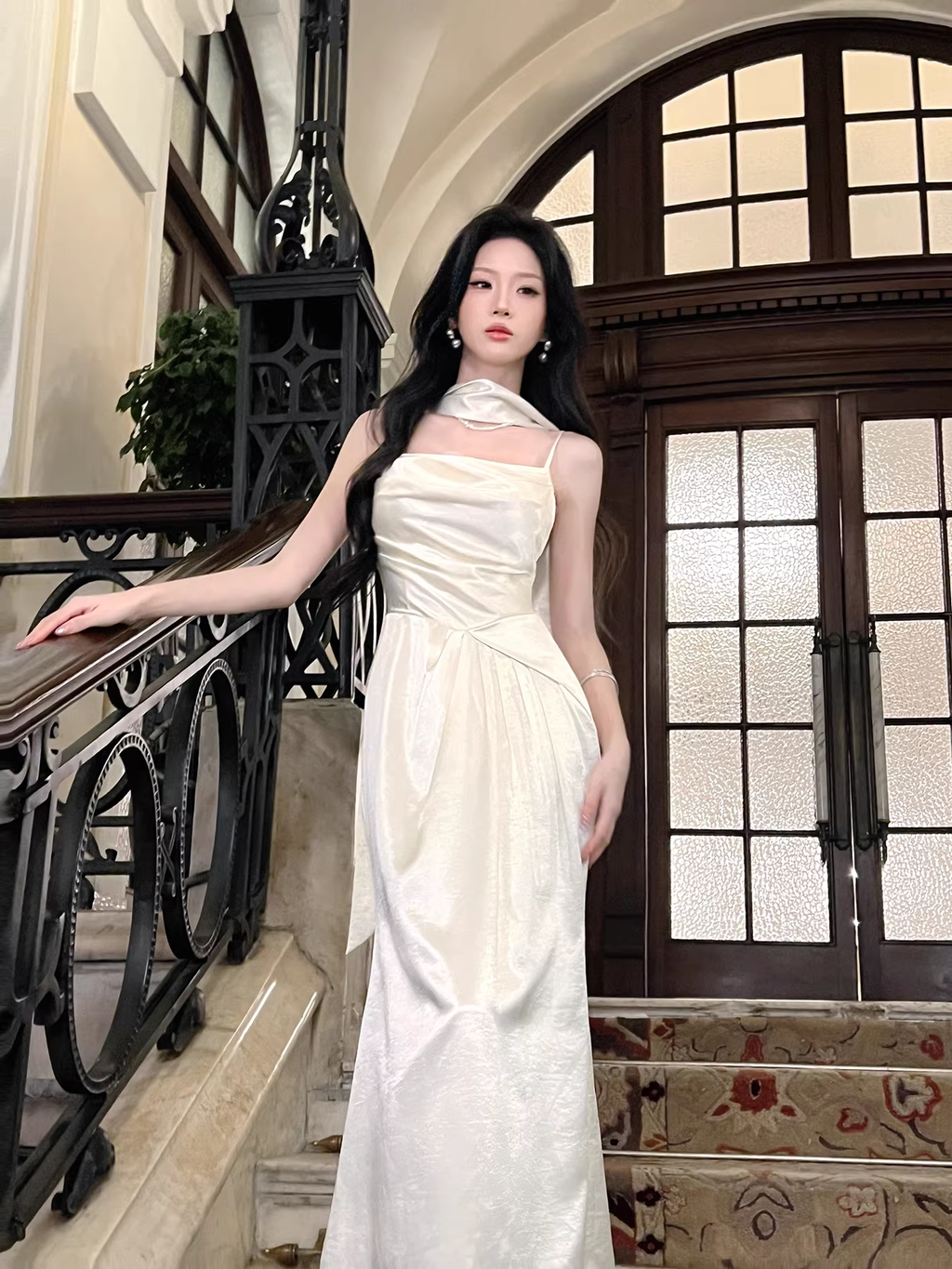 Classy Spaghetti Straps White Satin Mermaid Long Wedding Guest Dress Formal Evening Dress With Scarf SP1645