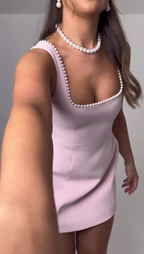 Pink Square Neck Satin Sheath Short 8th Grade Homecoming Dress Formal Birthday Outfits Y9489