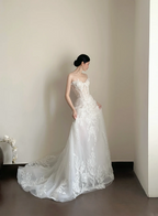 White strapless appliqué waist-cinched slim-fit long elegant prom dress, wedding dress R7958