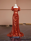 Orange-red square neckline fitted waist long ball gown, bridal dress R8311