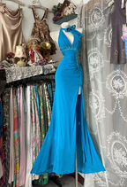 Blue halter-neck, fitted waist, bodycon silhouette, and sexy long ball gown with a slit R7799