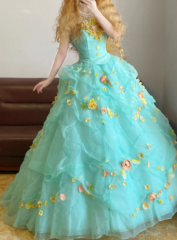 Light Green Spaghetti Strap Waist-Cinched Puff-Skirt Ball Gown & Bridal Gown R7373