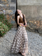 Fairy temperament outfit a complete set of halter neck small vest plaid large swing skirt two-piece suit R1705