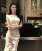 Satin off-shoulder dress, slim fit, waist-hugging, hip-hugging suspender long dress R1502