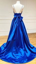 A-line Satin V Neck Royal Blue Prom Dresses Evening Dresses Y1163