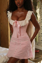 Pink square low-cut sexy neckline lace trimmed A-line homecoming dress R2511