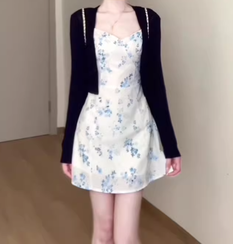 Gentle temperament blue suspender dress beautiful unique waist A-line short skirt R0861