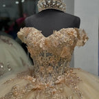 Champagne Off the Shoulder Ball Gown Applique Quinceanera Dress with Train
