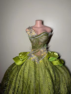Sweetheart Ball Gown Green Long Prom Dresses Sparkly Rhinestone Tulle Green Sweet 16 Dress