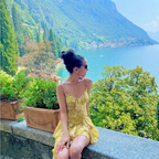 Unique Spaghetti Straps Lemon Yellow Tiered Long Prom Dress Sexy Party Evening Gown cc1495